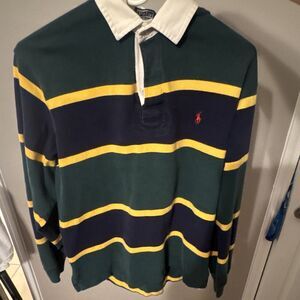 Polo Ralph Lauren Men's S Green/Navy/Yellow Striped Long Sleeve Logo Polo